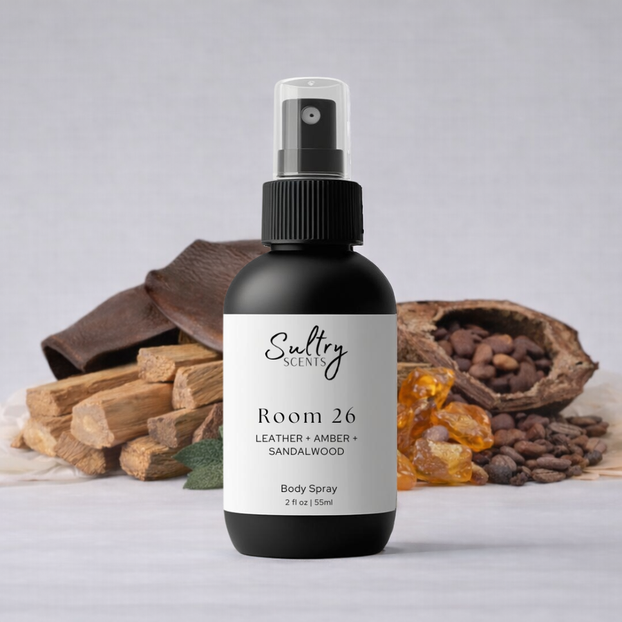 Sultry Scents Room 26 Body Spray featuring leather, amber, and sandalwood notes, Santal 26 dupe