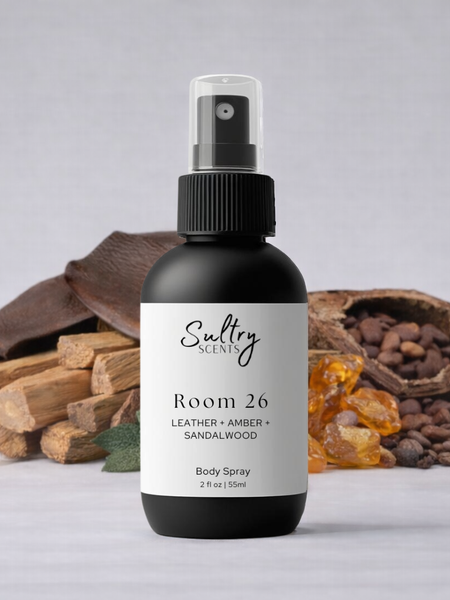 Sultry Scents Room 26 Body Spray featuring leather, amber, and sandalwood notes, Santal 26 dupe