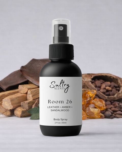 Sultry Scents Room 26 Body Spray featuring leather, amber, and sandalwood notes, Santal 26 dupe