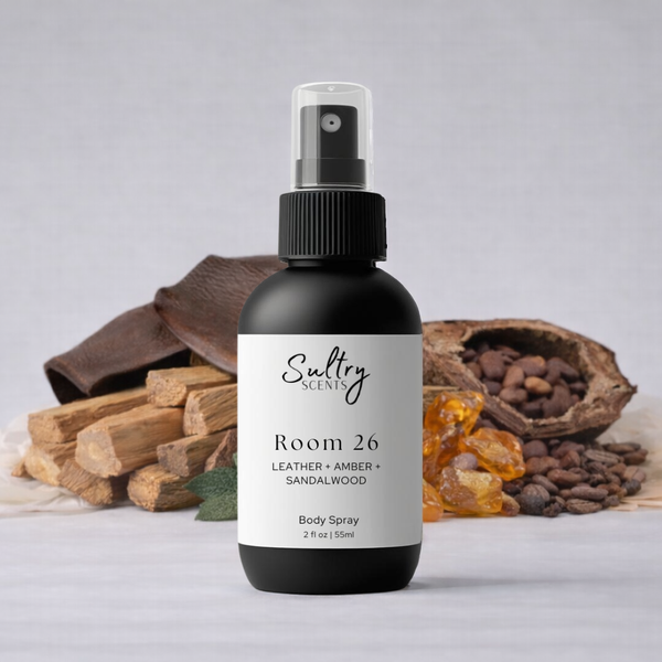 Sultry Scents Room 26 Body Spray featuring leather, amber, and sandalwood notes, Santal 26 dupe