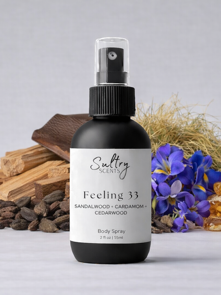 Sultry Scents Feeling 33 body spray featuring notes of sandalwood and cardamom, inspired by Santal 33