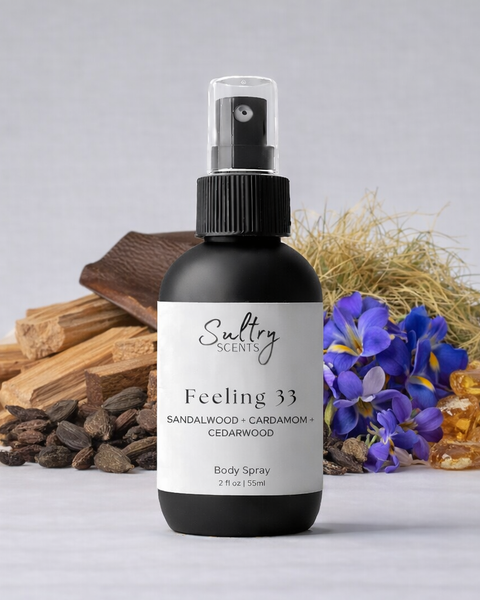 Sultry Scents Feeling 33 body spray featuring notes of sandalwood and cardamom, inspired by Santal 33