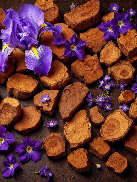 Sultry Scents Santal 33 inspired body spray displayed with sandalwood chips and purple flowers