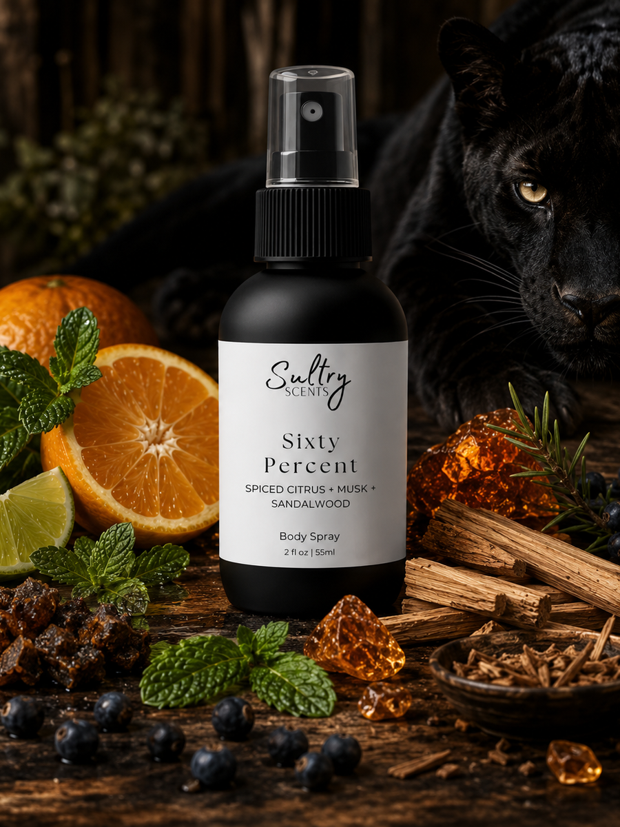 Sultry Scents Sixty Percent body spray inspired by Sex Panther with spiced citrus, musk, sandalwood notes and a black panther in the back