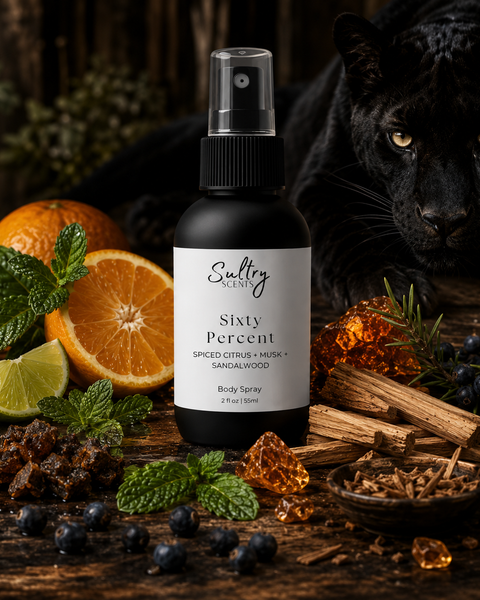 Sultry Scents Sixty Percent body spray inspired by Sex Panther with spiced citrus, musk, sandalwood notes and a black panther in the back