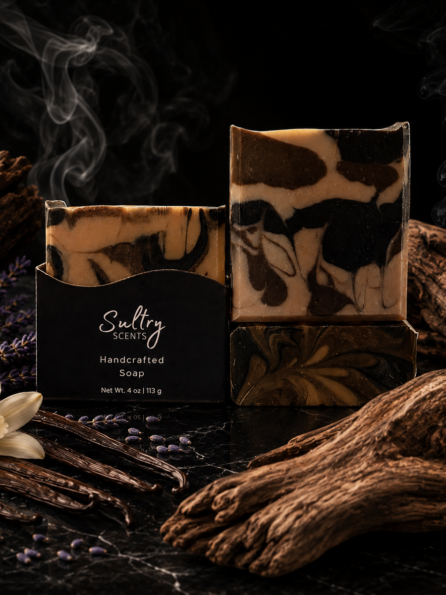 Smoky Vanilla Woods soap bar in a stylish presentation with dark swirls and aromatic elements