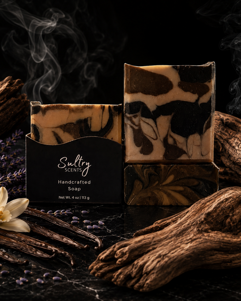 Smoky Vanilla Woods soap bar in a stylish presentation with dark swirls and aromatic elements