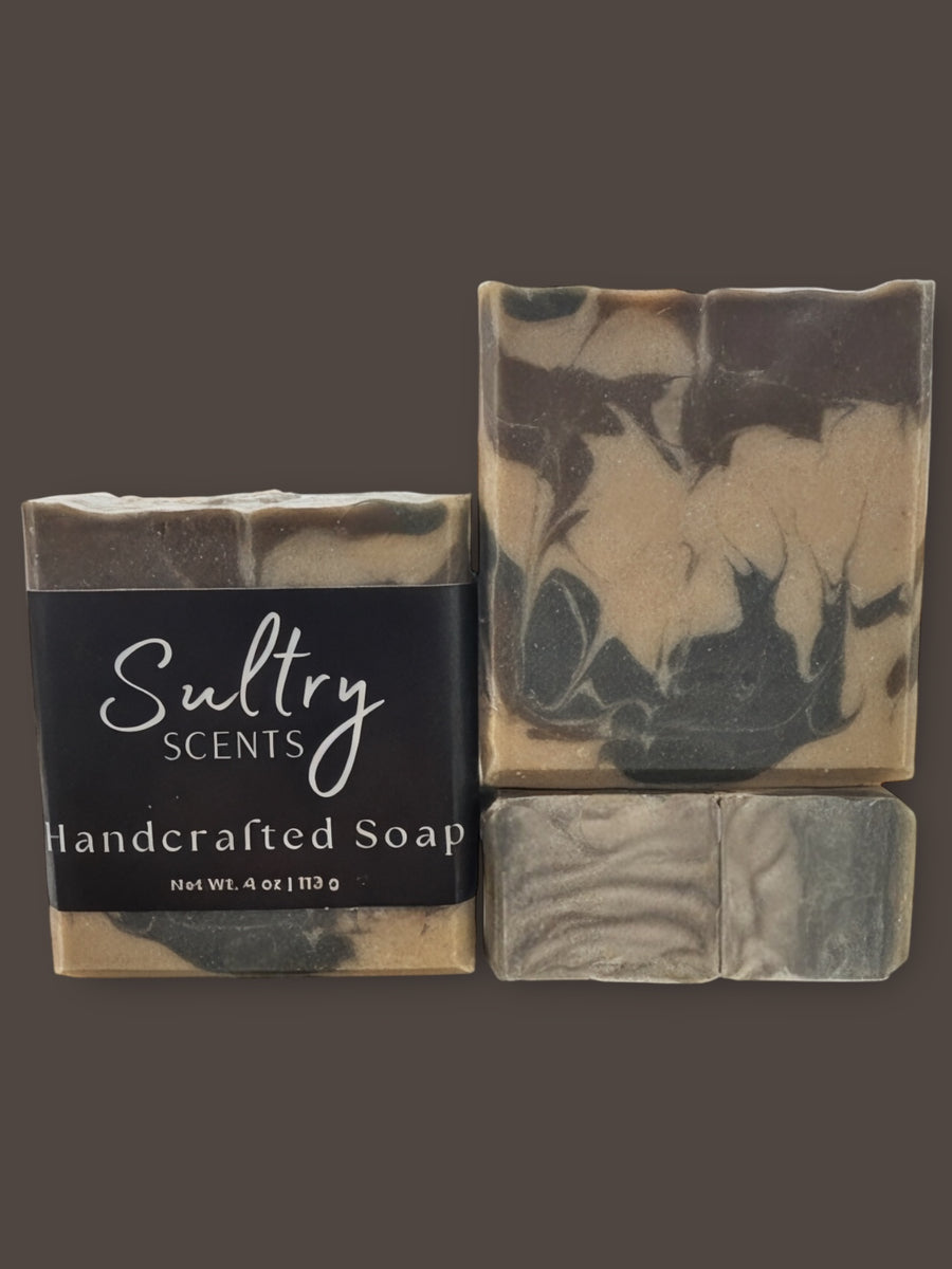 Handcrafted Sultry Scents Smoky Vanilla Woods soap bar featuring elegant marbled design
