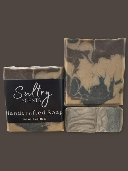 Handcrafted Sultry Scents Smoky Vanilla Woods soap bar featuring elegant marbled design