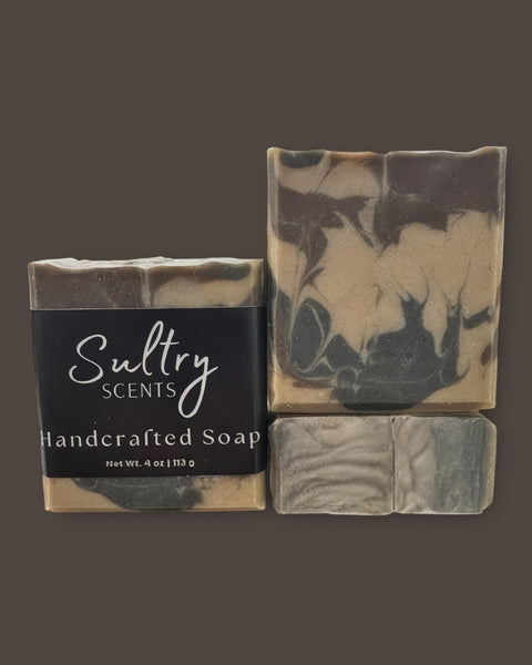 Handcrafted Sultry Scents Smoky Vanilla Woods soap bar featuring elegant marbled design
