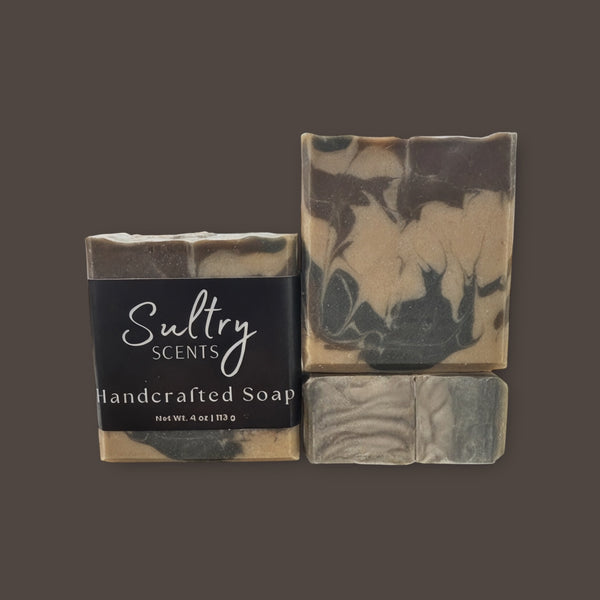 Handcrafted Sultry Scents Smoky Vanilla Woods soap bar featuring elegant marbled design