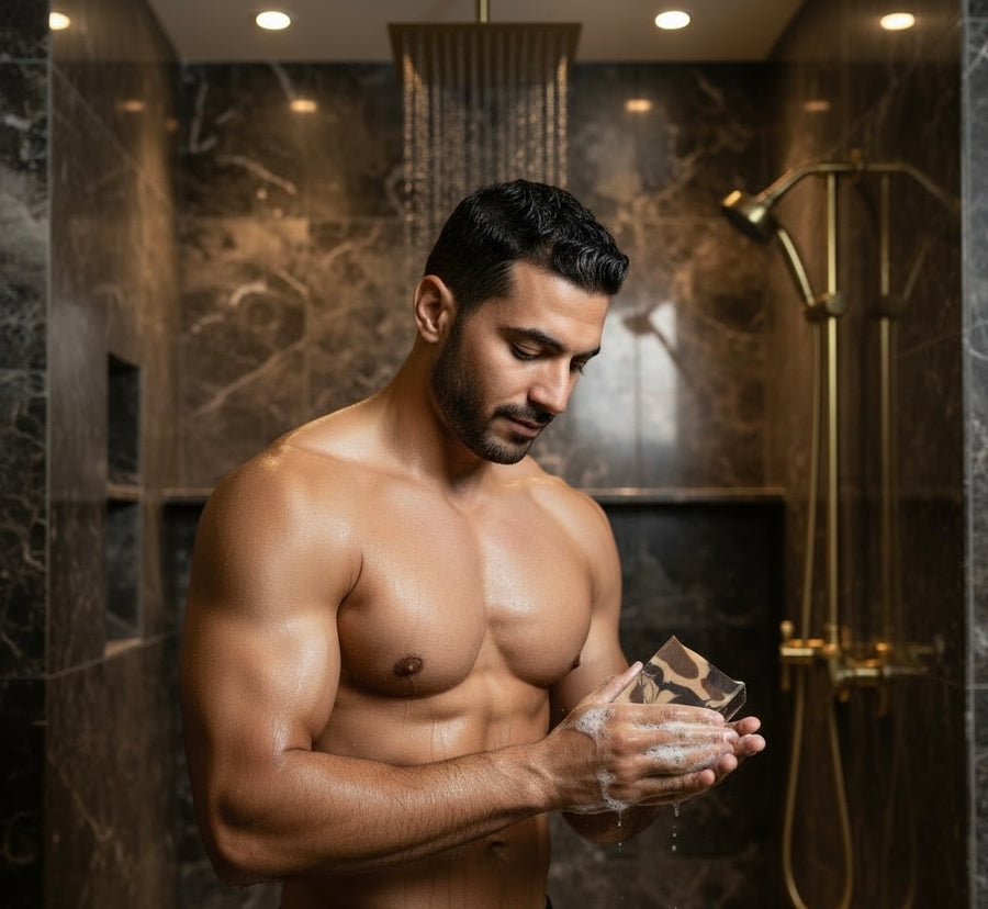 Man washing with Smoky Vanilla Woods soap bar in a modern bathroom shower setting
