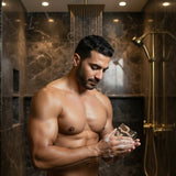 Man washing with Smoky Vanilla Woods soap bar in a modern bathroom shower setting