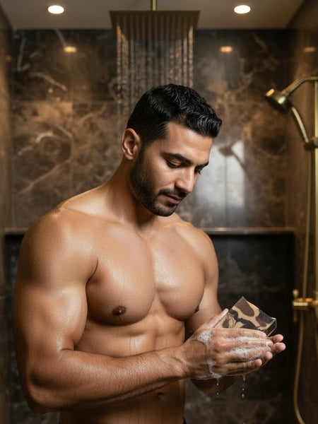 Man washing with Smoky Vanilla Woods soap bar in a modern bathroom shower setting
