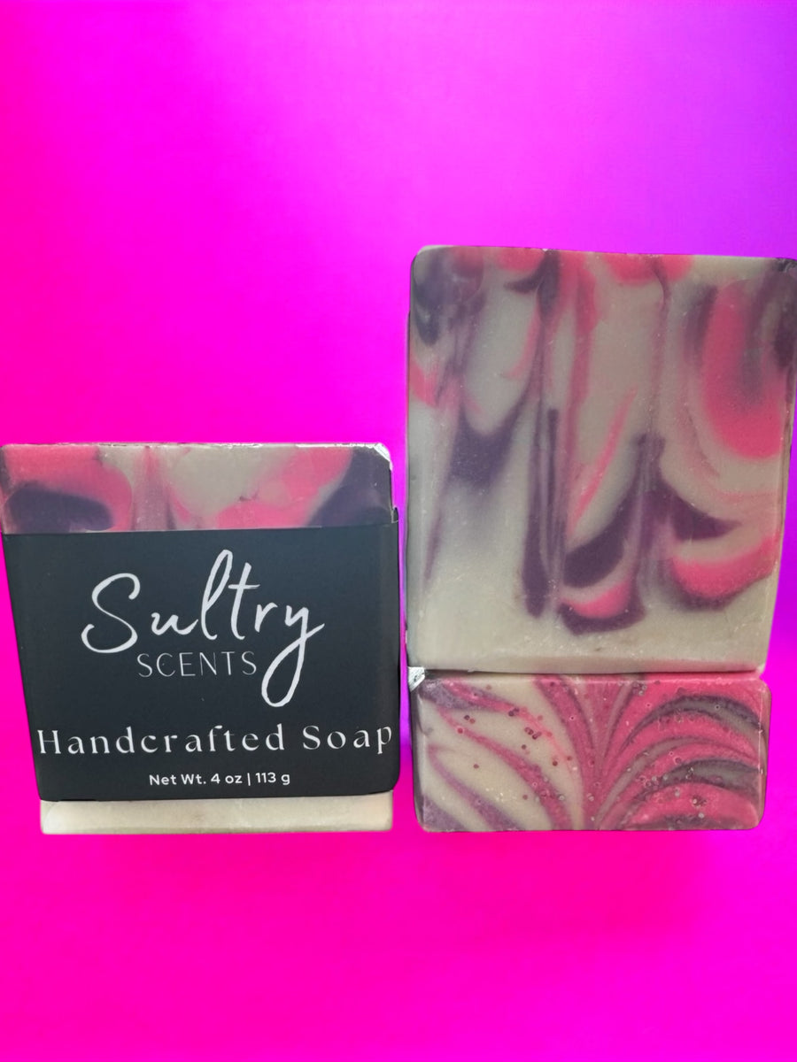 Sultry Scents handcrafted soap inspired by Calvin Klein Euphoria with pink and gray swirls
