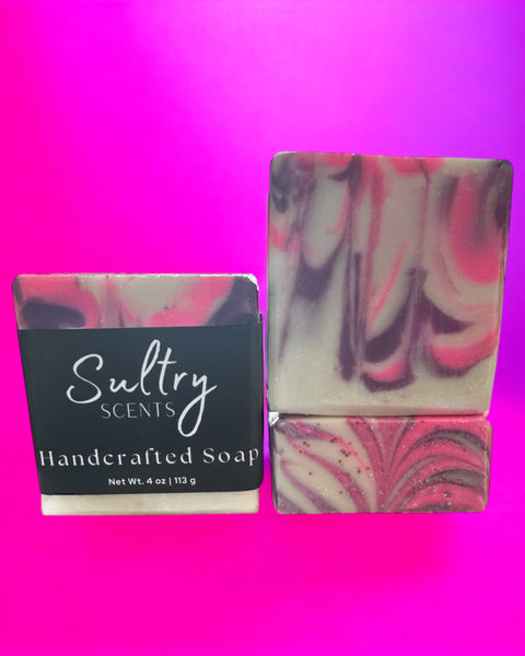 Sultry Scents handcrafted soap inspired by Calvin Klein Euphoria with pink and gray swirls