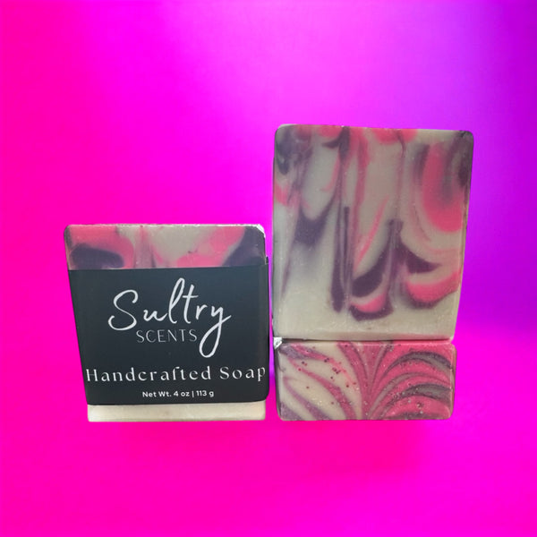 Sultry Scents handcrafted soap inspired by Calvin Klein Euphoria with pink and gray swirls