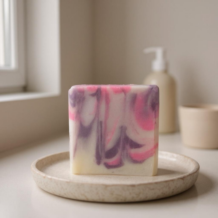 Soap inspired by Calvin Klein Euphoria with pink and purple swirls on a beige soap dish