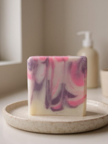 Soap inspired by Calvin Klein Euphoria with pink and purple swirls on a beige soap dish
