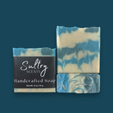 Sultry Scents handcrafted blue and tan marbled soap bar with label Soap inspired by Polo Sport with grit.