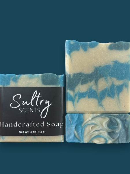 Sultry Scents handcrafted blue and tan marbled soap bar with label Soap inspired by Polo Sport with grit.