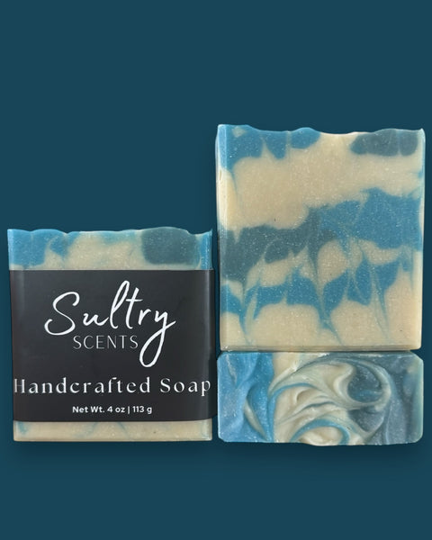 Sultry Scents handcrafted blue and tan marbled soap bar with label Soap inspired by Polo Sport with grit.