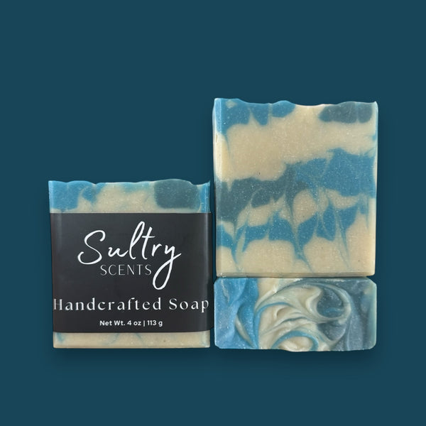 Sultry Scents handcrafted blue and tan marbled soap bar with label Soap inspired by Polo Sport with grit.