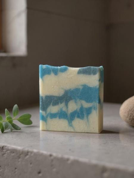 Sultry Scents Soap inspired by Polo Sport with grit. Marbled blue and cream exfoliating bar on stone sink