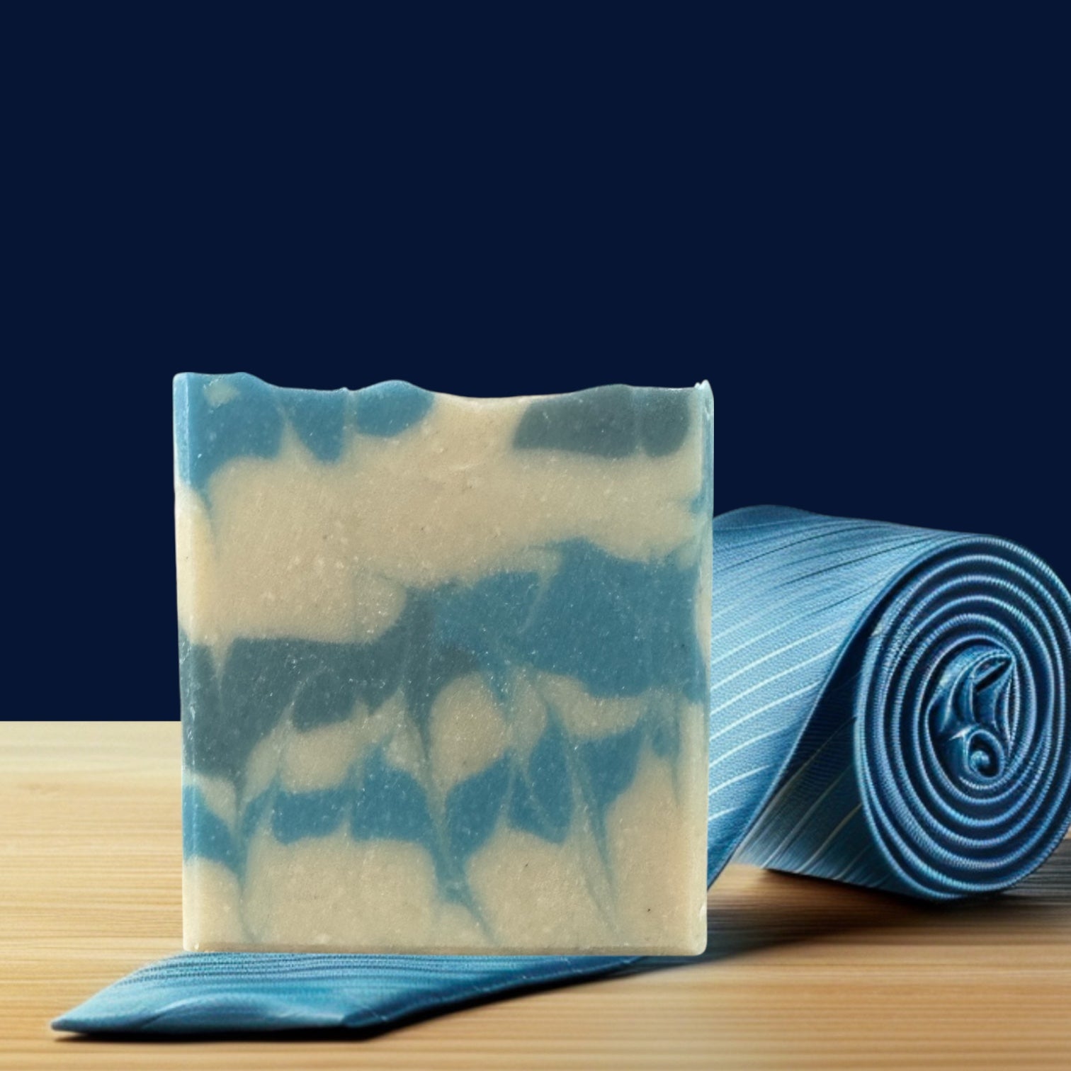 Sultry Scents artisanal marbled bar on wooden board next to blue tie Soap inspired by Polo Sport with grit.