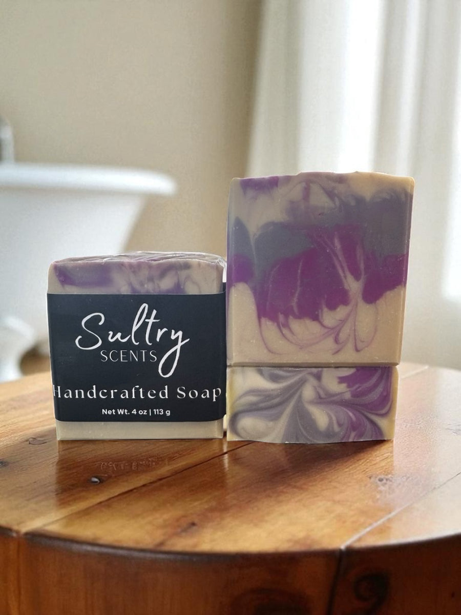 Soft Touch Goat Milk and Silk Soap Bar by Sultry Scents with a lavender marble design