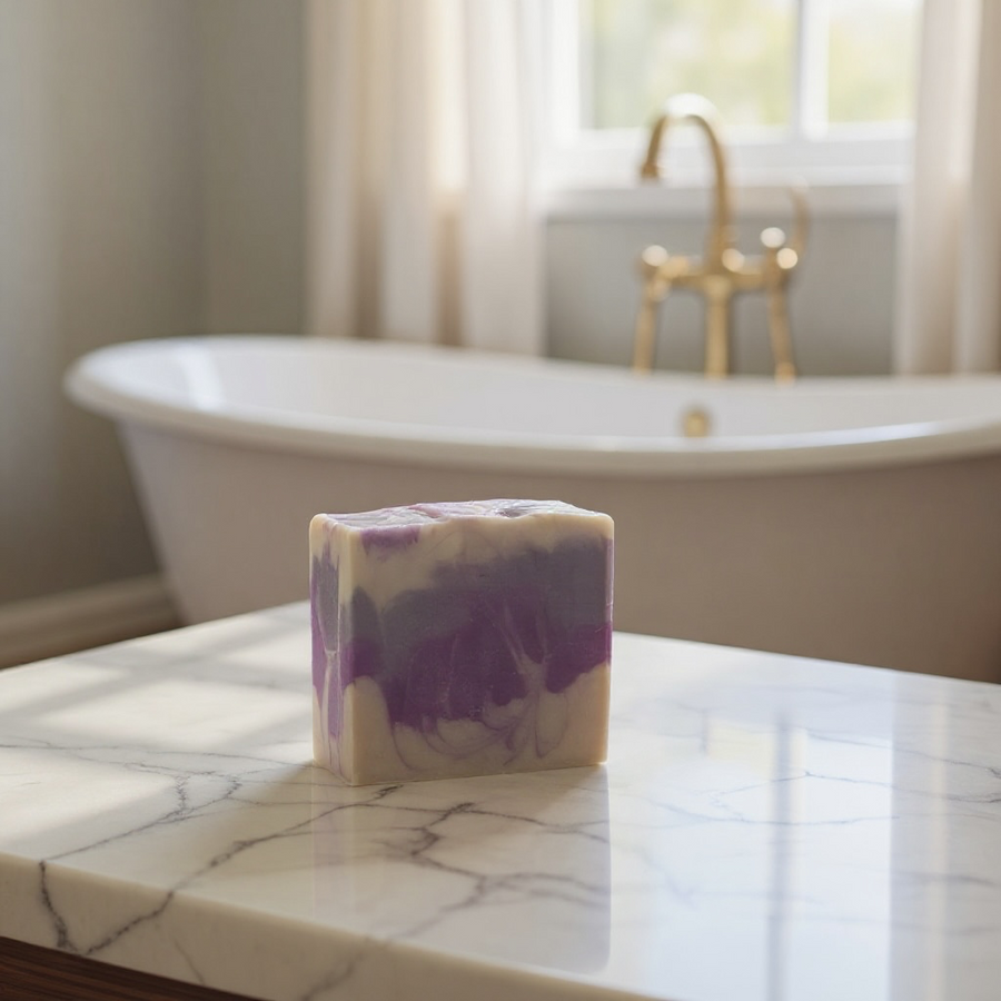 Soft Touch Goat Milk and Silk Soap Bar with a Swirled Purple and White Design on a Marble Counter