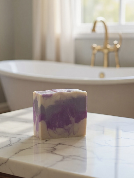 Soft Touch Goat Milk and Silk Soap Bar with a Swirled Purple and White Design on a Marble Counter