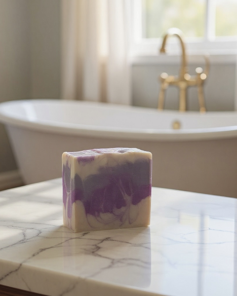 Soft Touch Goat Milk and Silk Soap Bar with a Swirled Purple and White Design on a Marble Counter