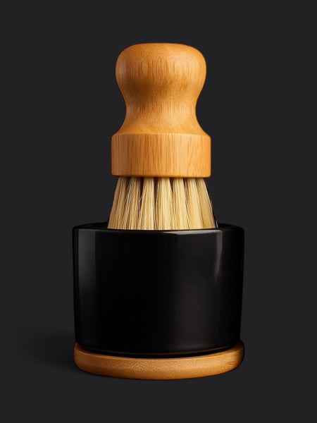 Bamboo handled dish soap brush with holder for using solid dish soap bar