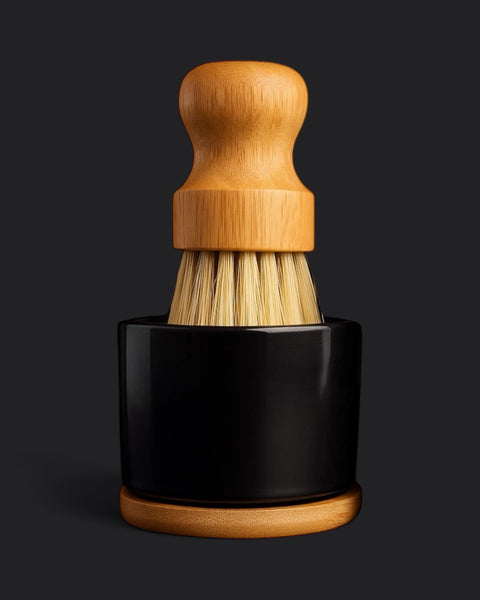 Bamboo handled dish soap brush with holder for using solid dish soap bar