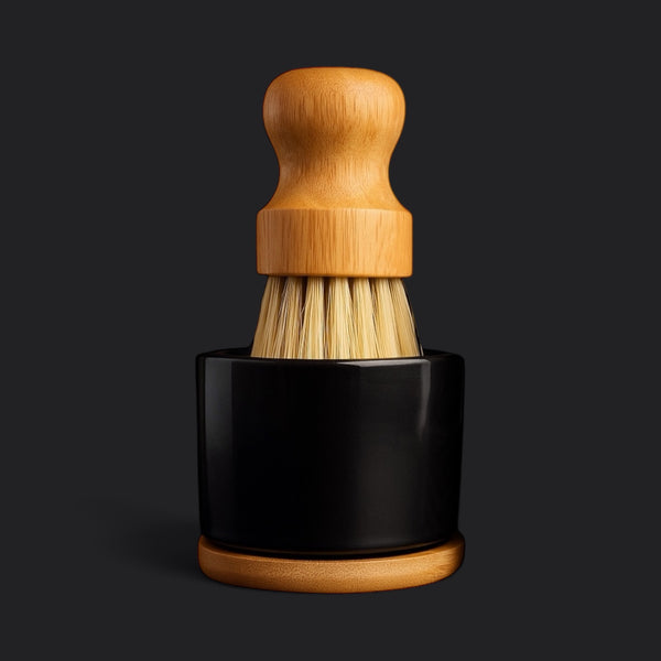 Bamboo handled dish soap brush with holder for using solid dish soap bar