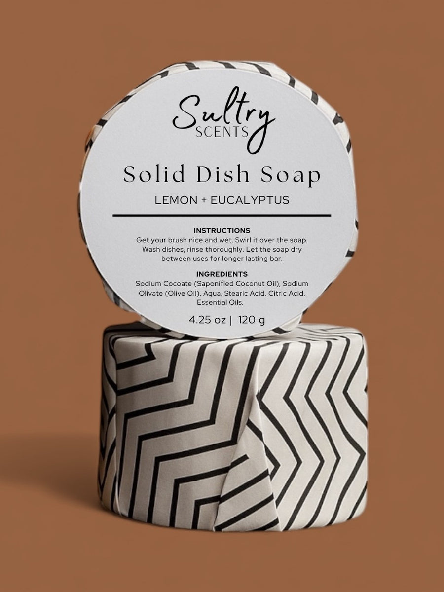 Sultry Scents Solid Dish Soap Bar in Lemon Eucalyptus Scent with Instructions and Ingredients Listed