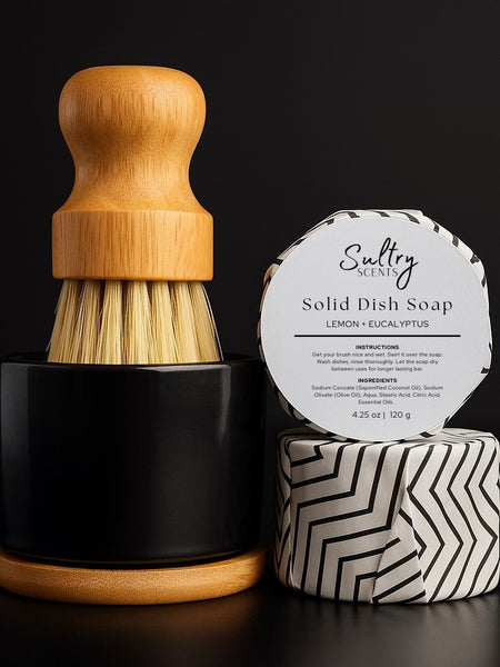 Sultry Scents Solid Dish Soap Bar in Lemon Eucalyptus Scent with Bamboo Dish Brush for Eco-Friendly Cleaning