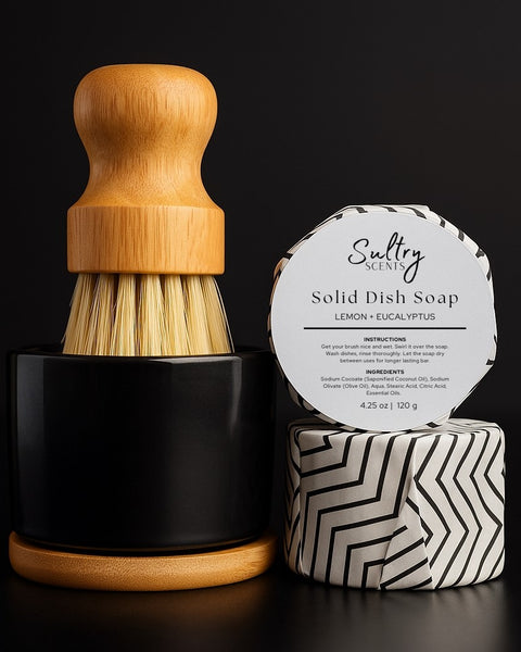 Sultry Scents Solid Dish Soap Bar in Lemon Eucalyptus Scent with Bamboo Dish Brush for Eco-Friendly Cleaning