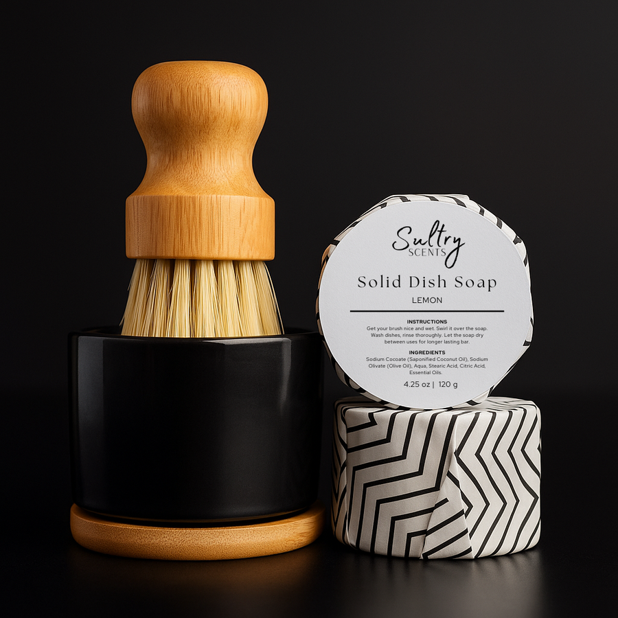 Sultry Scents Solid Dish Soap Bundle featuring a bamboo scrub brush and lemon-scented soap for eco-friendly cleaning
