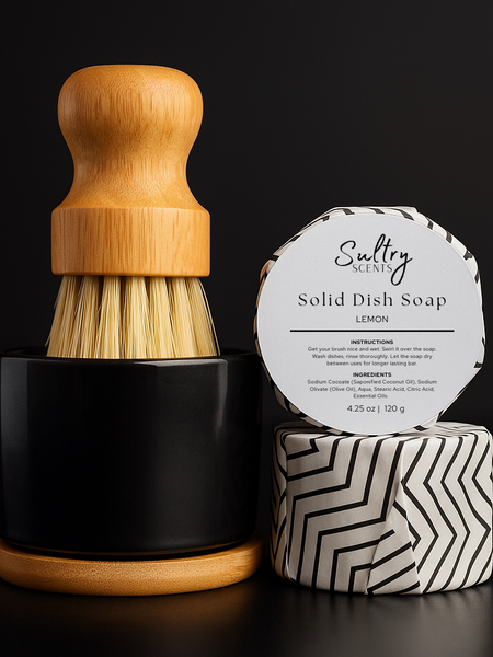 Sultry Scents Solid Dish Soap Bundle featuring a bamboo scrub brush and lemon-scented soap for eco-friendly cleaning
