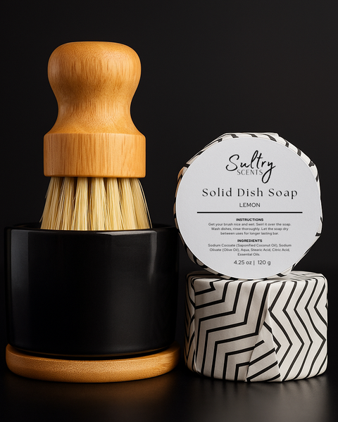 Sultry Scents Solid Dish Soap Bundle featuring a bamboo scrub brush and lemon-scented soap for eco-friendly cleaning