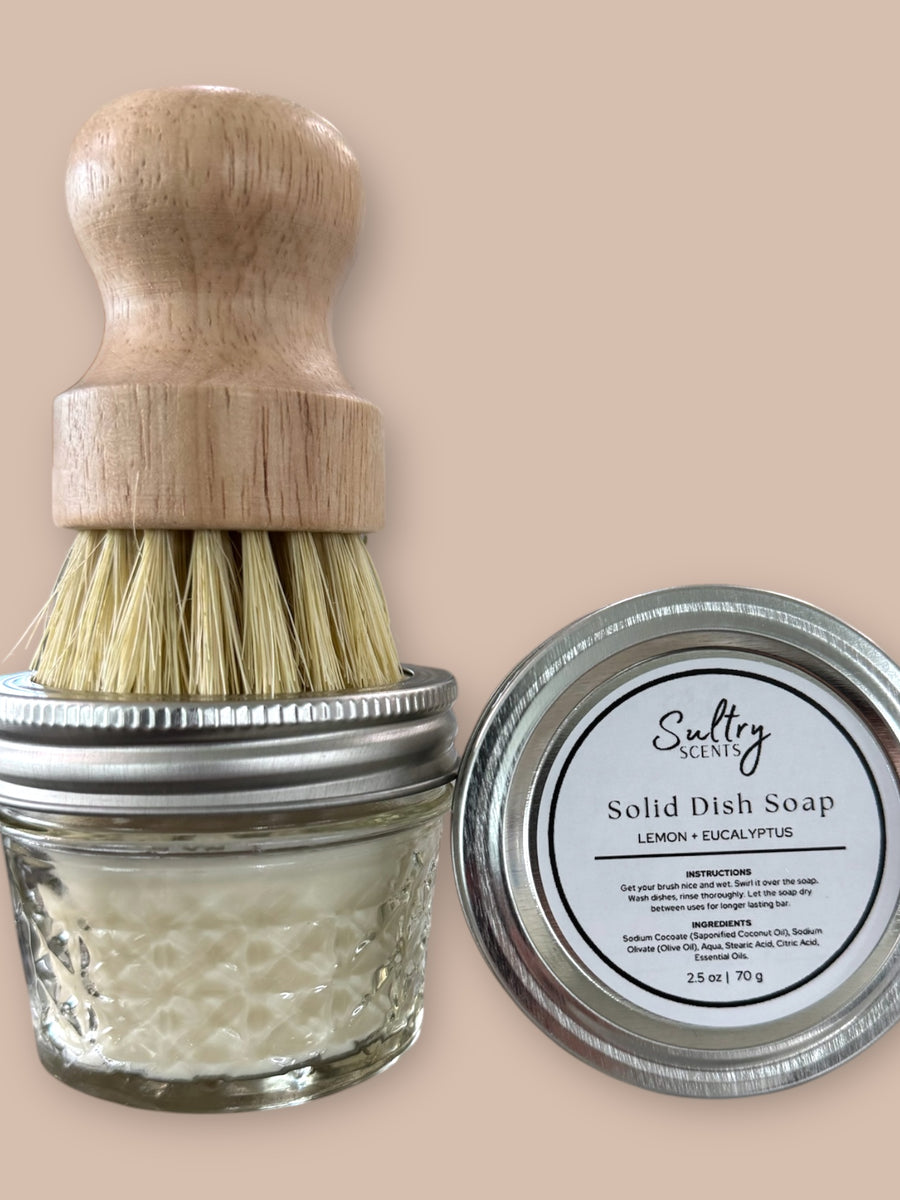Sultry Scents lemon eucalyptus solid dish soap in glass jar with wooden brush for eco-friendly cleaning