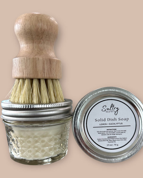 Sultry Scents lemon eucalyptus solid dish soap in glass jar with wooden brush for eco-friendly cleaning