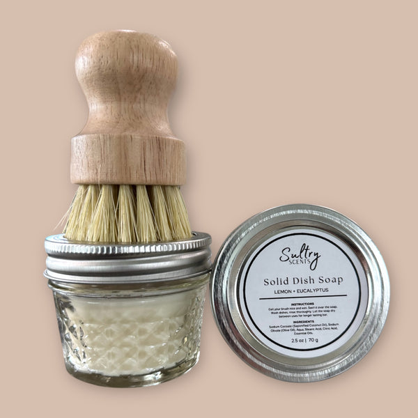 Sultry Scents lemon eucalyptus solid dish soap in glass jar with wooden brush for eco-friendly cleaning