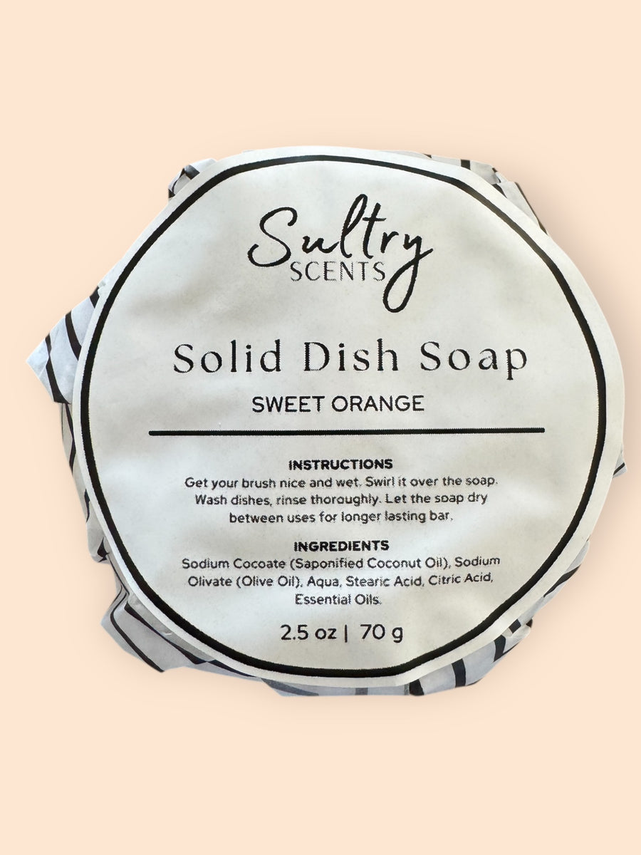 Sultry Scents solid dish soap in sweet orange scent with natural ingredients and usage instructions