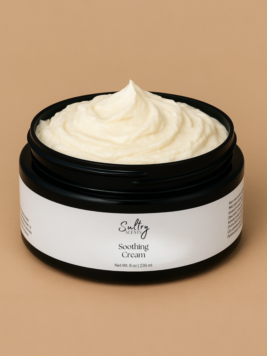 Sultry Scents Soothing Cream for Sensitive Skin in a Black Jar with Creamy Texture