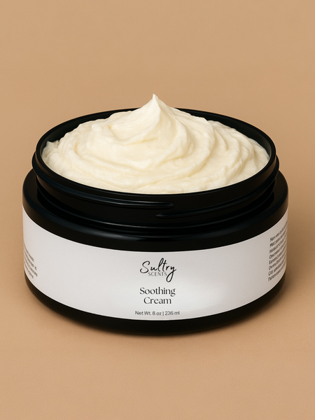 Sultry Scents Soothing Cream for Sensitive Skin in a Black Jar with Creamy Texture