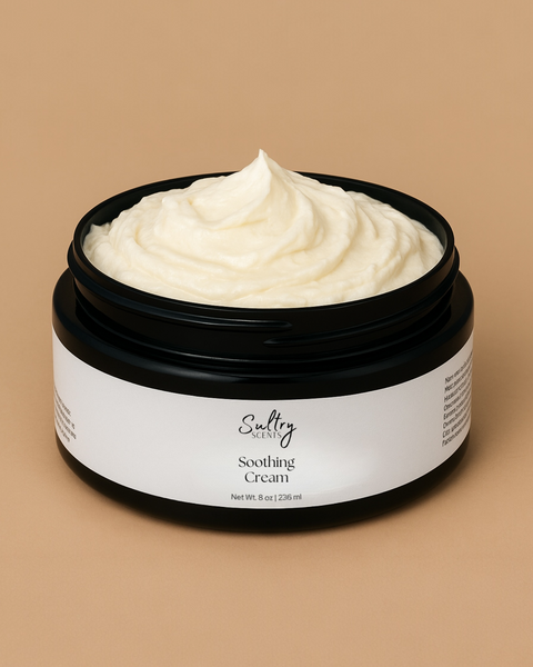 Sultry Scents Soothing Cream for Sensitive Skin in a Black Jar with Creamy Texture