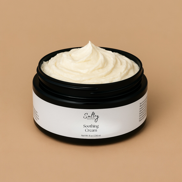 Sultry Scents Soothing Cream for Sensitive Skin in a Black Jar with Creamy Texture